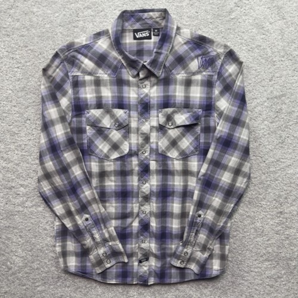Vans Mens M Purple Gray Plaid Western Snap Shirt 100% Cotton Skate 2010 Y2K